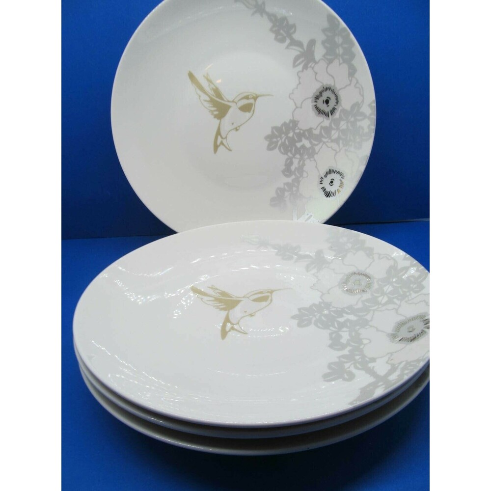 Bella Lux  New Bone China Hummingbird Dinner Plates Gold Silver Bundle of 4